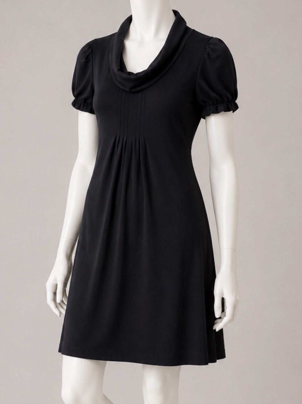 👗🏢 CALVIN KLEIN Black Cowl Neck Short Sleeve Pleated Bodice Jersey Dress, Sz M
